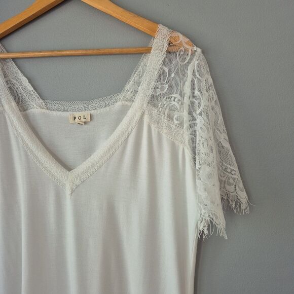 Pol White Lace Short Sleeve Deep V Neck Pullover Tee Shirt Womens XL - Picture 2 of 9